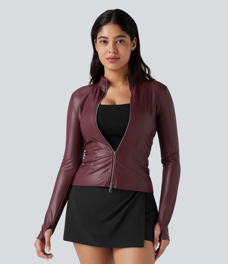 Stand Collar Long Sleeve Thumb Hole Fleece Casual PU Leather Jacket