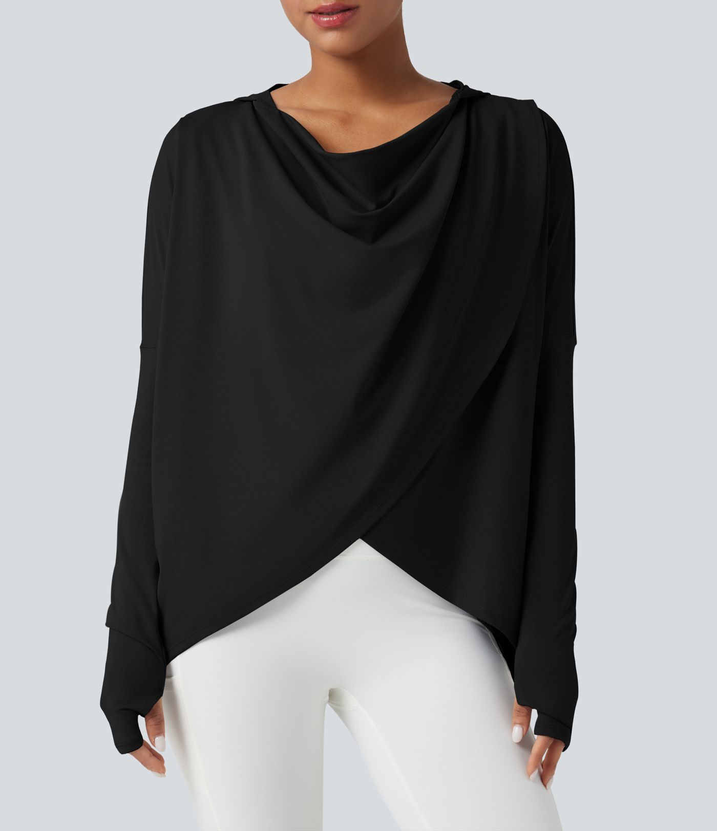 Yoga-Sport-Top mit Kapuze, Wasserfallausschnitt, Seitentaschen, langen Ärmeln und Daumenlöchern