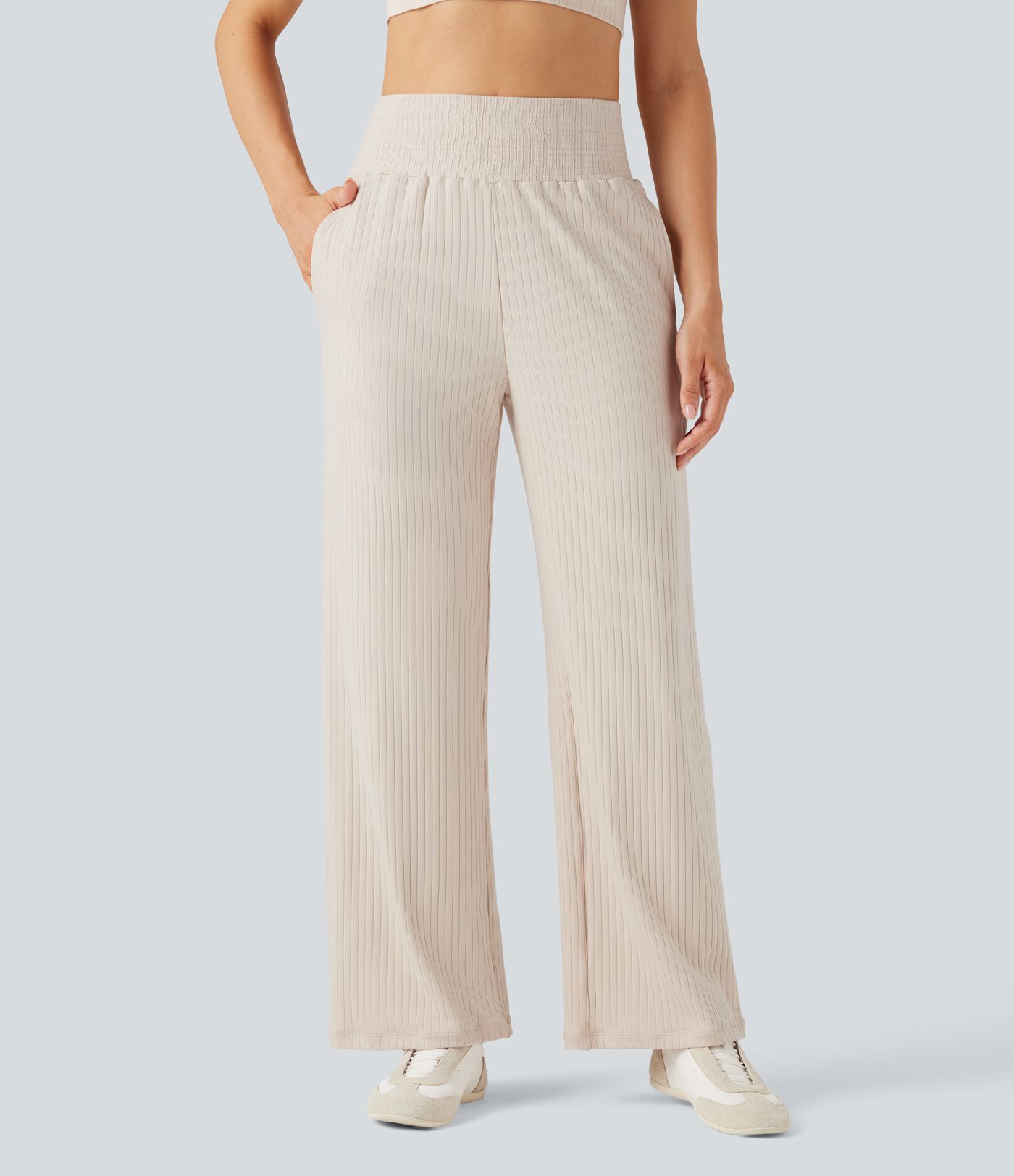 Ribbed Knit High Waisted Casual Pants with Pockets