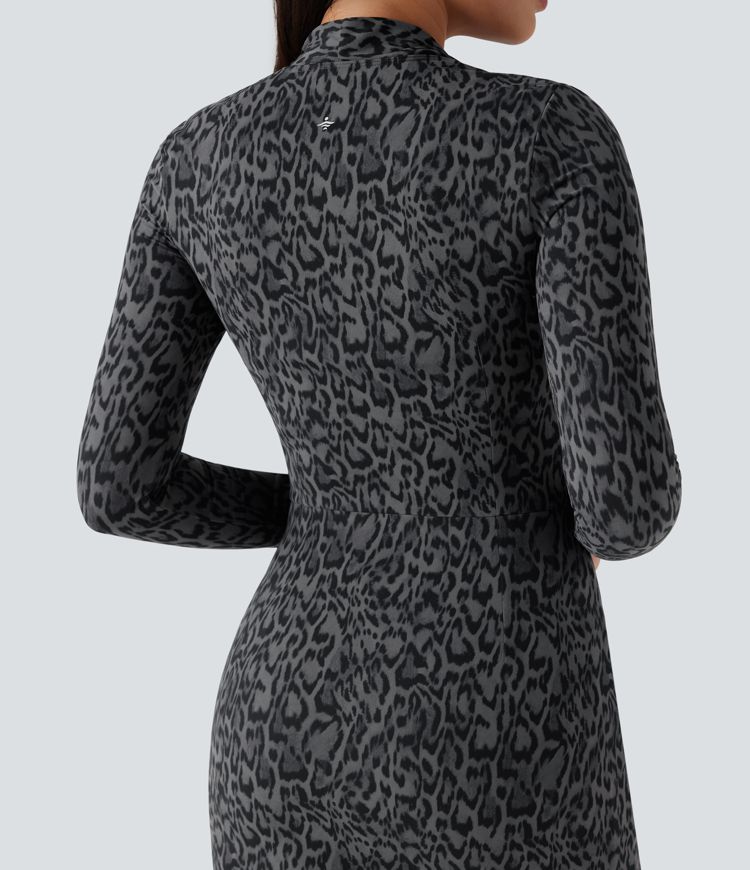 Halara UltraSculpt™ Leopard Print Long Sleeve 2-Piece Bodycon Mini Tennis Active Dress with Pocket