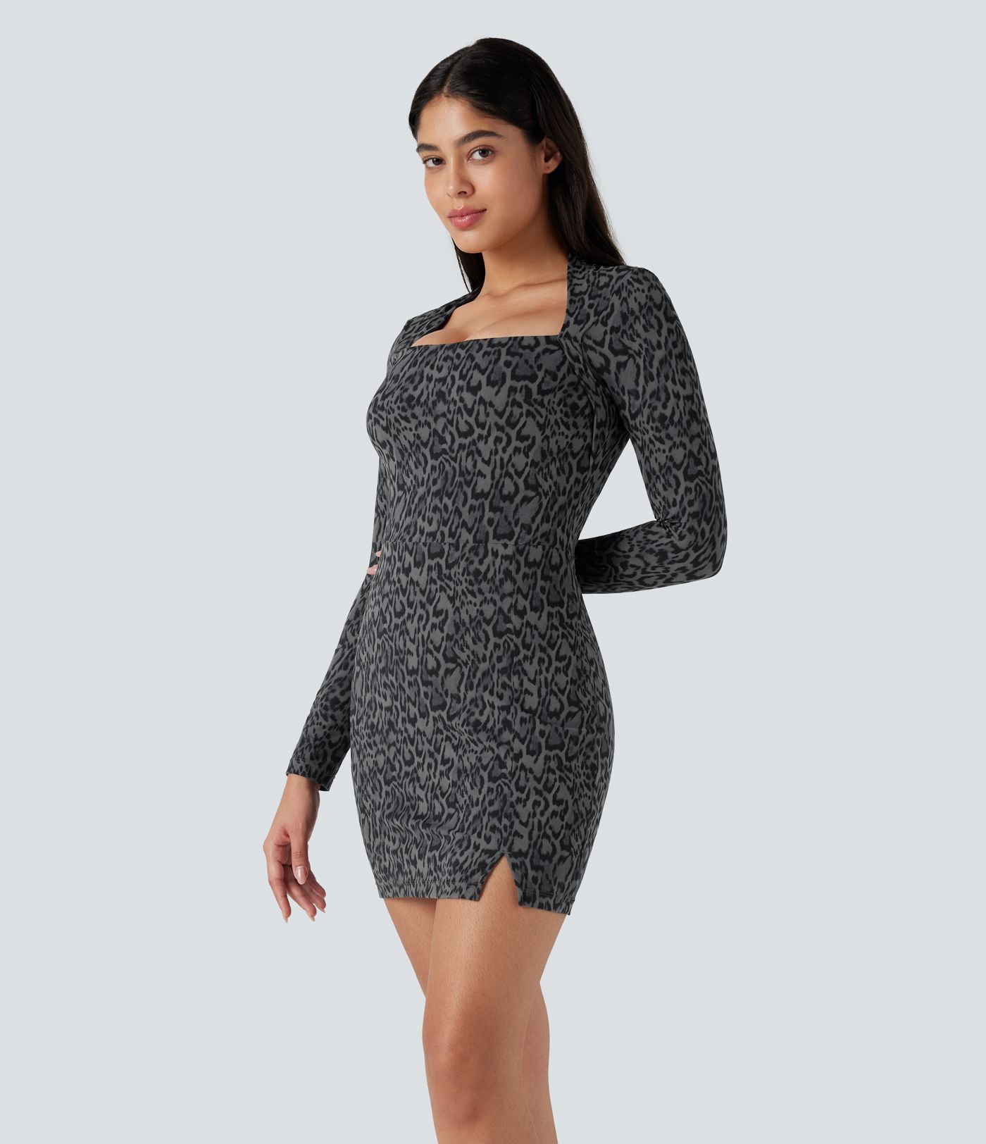 Halara UltraSculpt™ Leopard Print Long Sleeve 2-Piece Bodycon Mini Tennis Active Dress with Pocket
