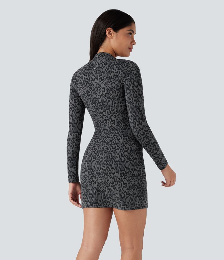 Halara UltraSculpt™ Leopard Print Long Sleeve 2-Piece Bodycon Mini Tennis Active Dress with Pocket