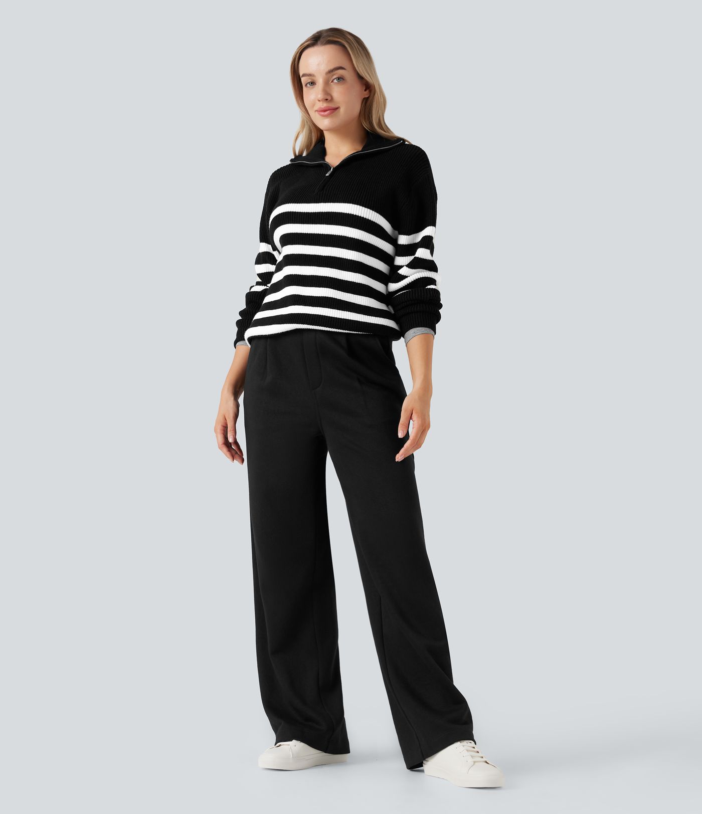Fleece work trousers with high waist, straight legs, and pockets