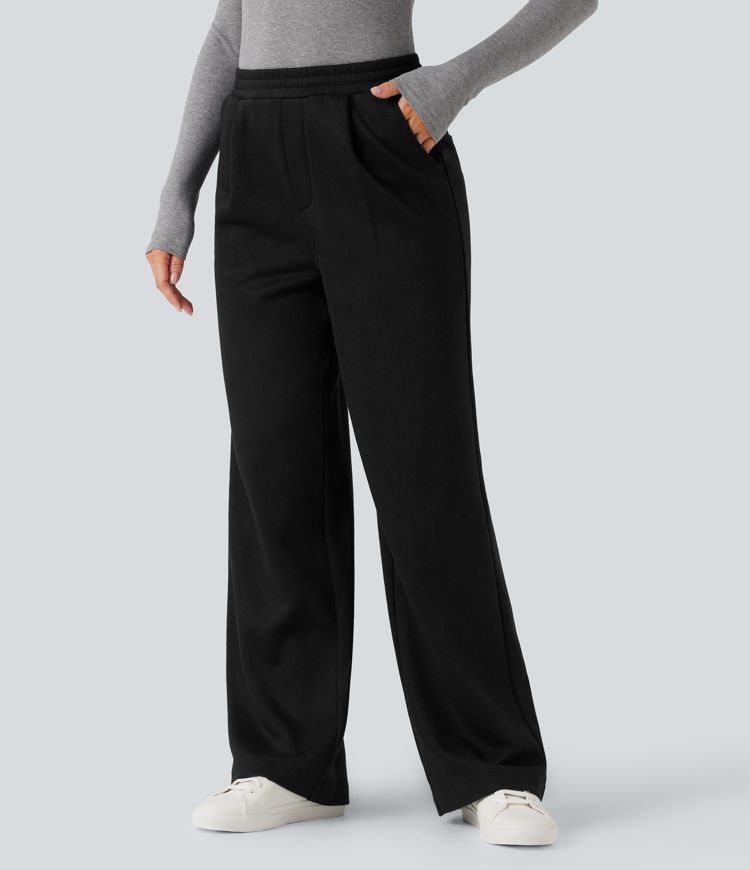 High Waisted Straight Leg Fleece Work Pants with Pockets