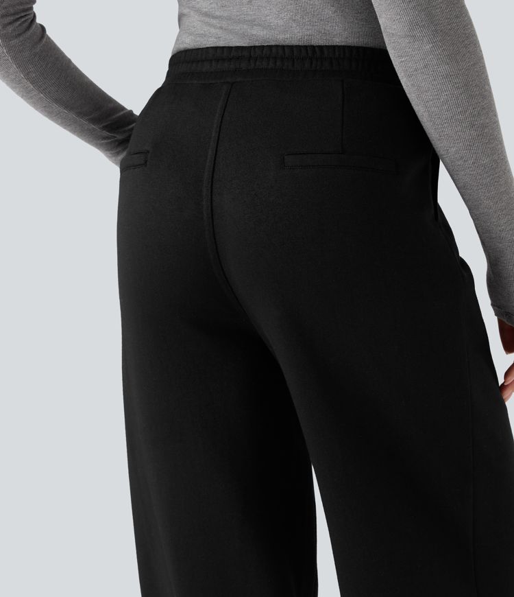 High Waisted Straight Leg Fleece Work Pants with Pockets
