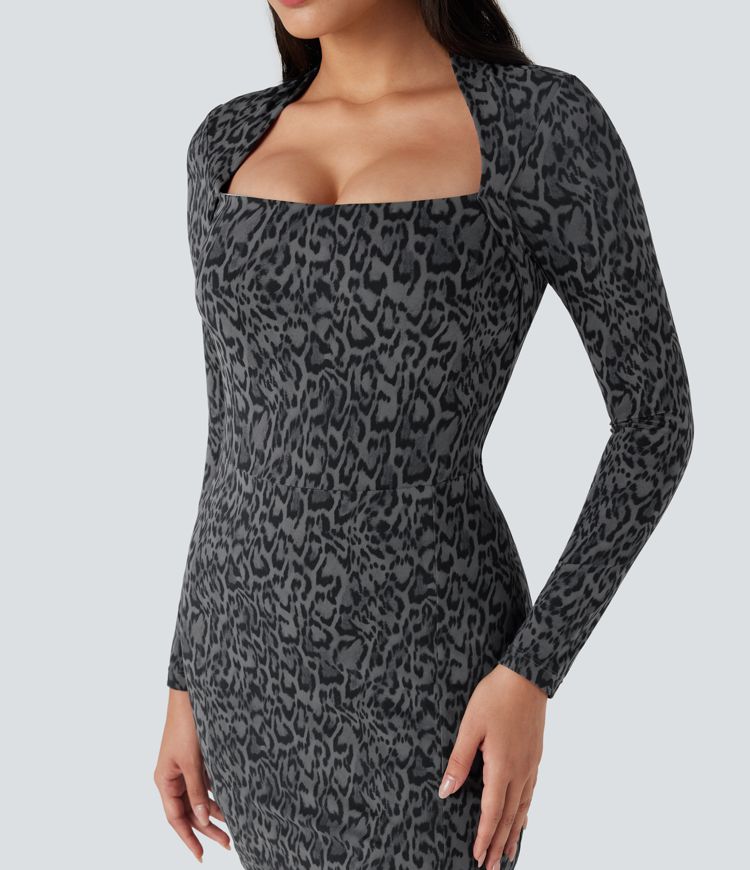 Halara UltraSculpt™ Leopard Print Long Sleeve 2-Piece Bodycon Mini Tennis Active Dress with Pocket