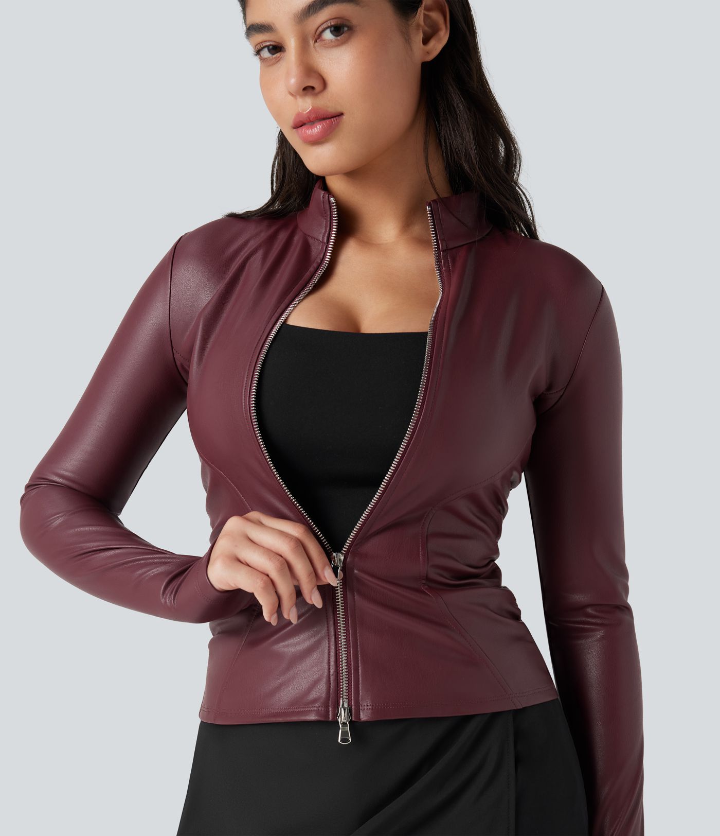 Stand Collar Long Sleeve Thumb Hole Fleece Casual PU Faux Leather Jacket