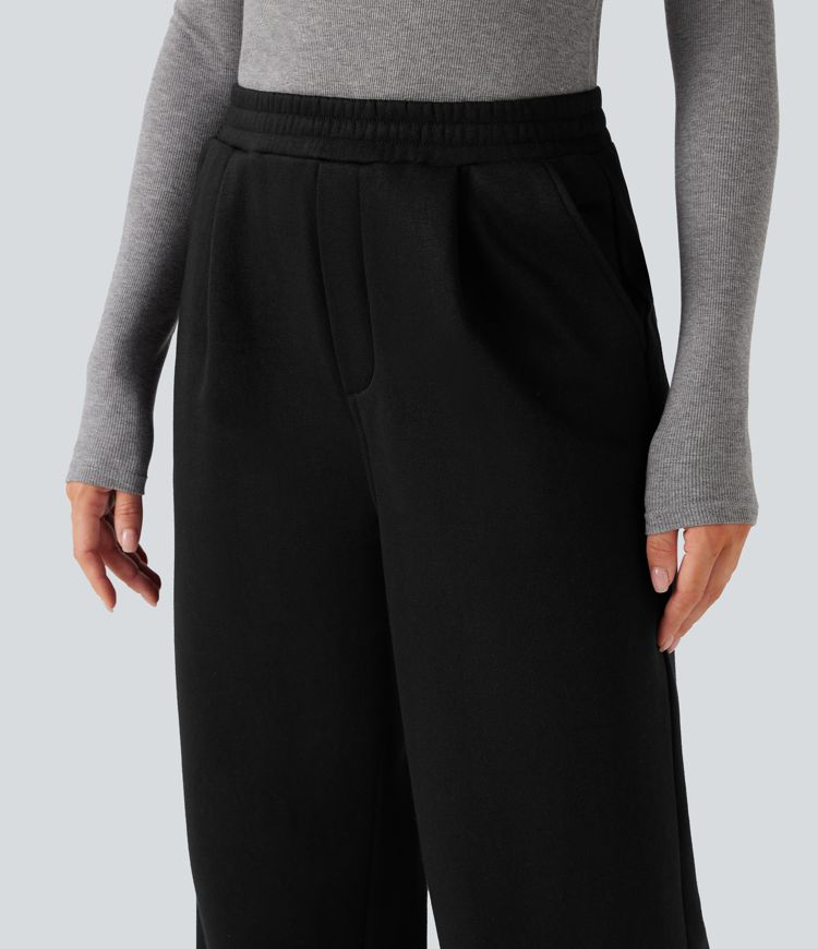 High Waisted Straight Leg Fleece Work Pants with Pockets
