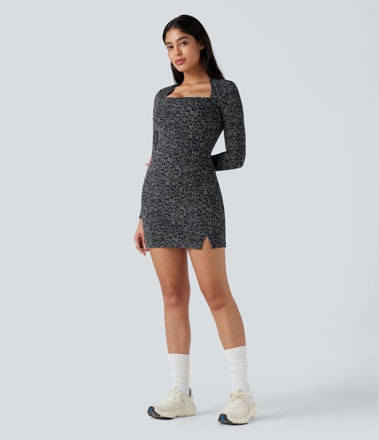 Halara UltraSculpt™ Leopard Print Long Sleeve 2-Piece Bodycon Mini Tennis Active Dress with Pocket