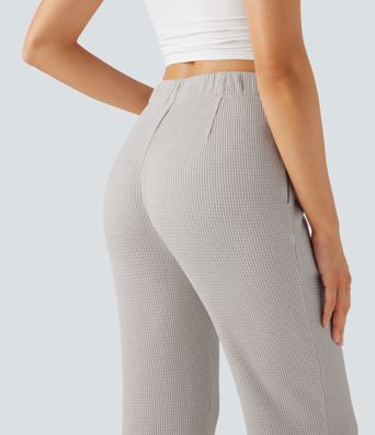 High Waisted Flare Waffle Casual Pants with Pockets