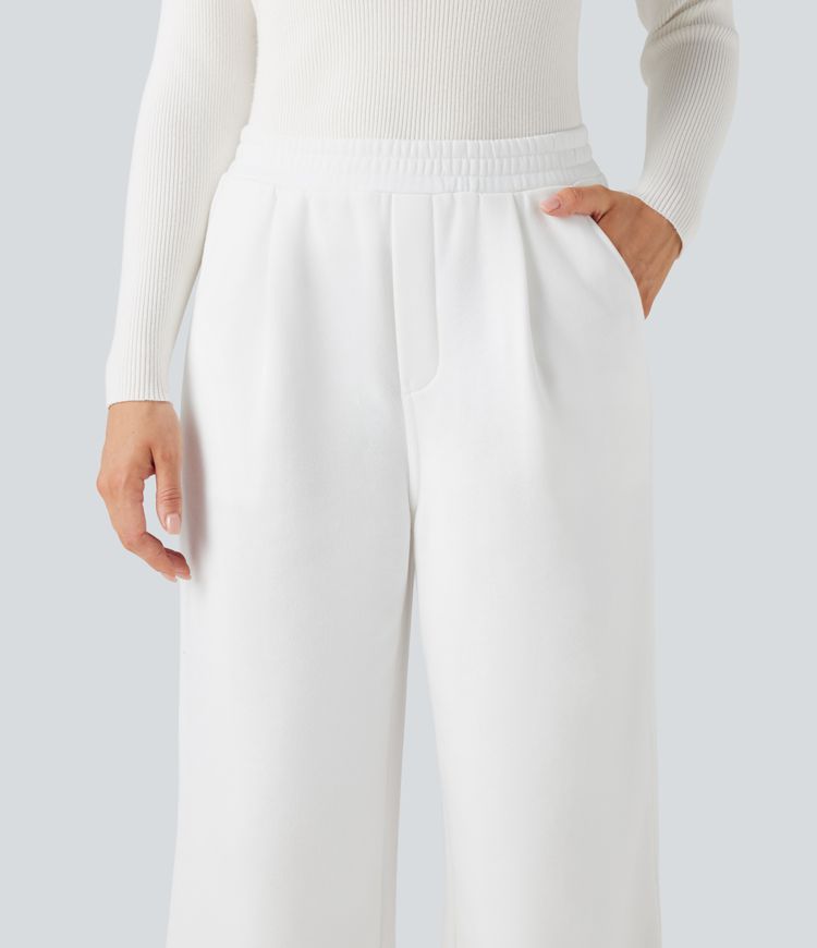 High Waisted Straight Leg Fleece Work Pants with Pockets