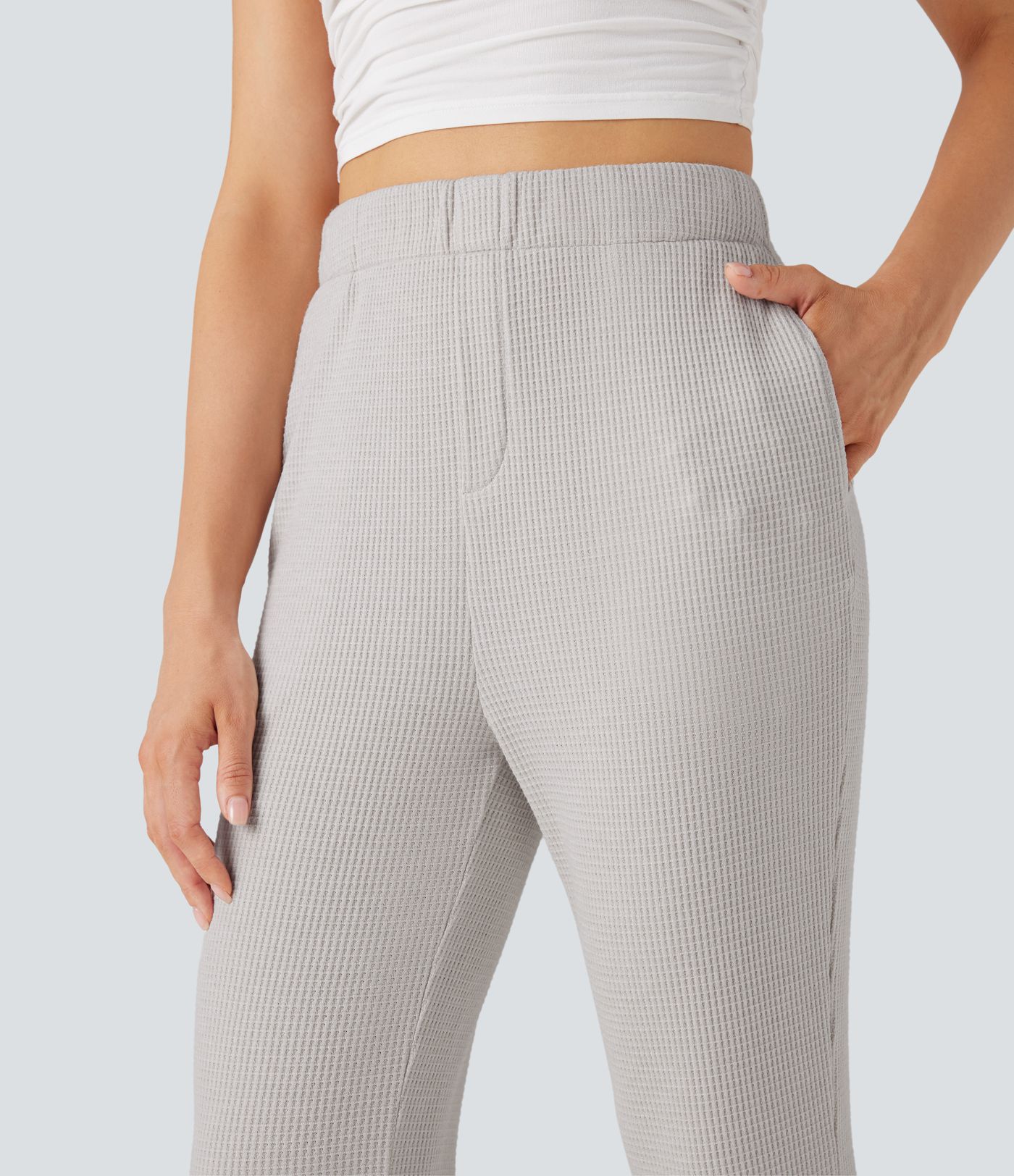High Waisted Flare Waffle Casual Pants with Pockets