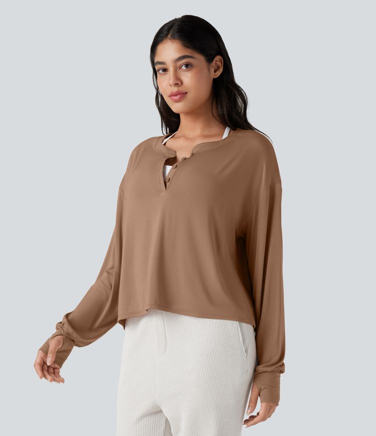 Henley Long Sleeve Thumb Holes Relaxed Lounge Top