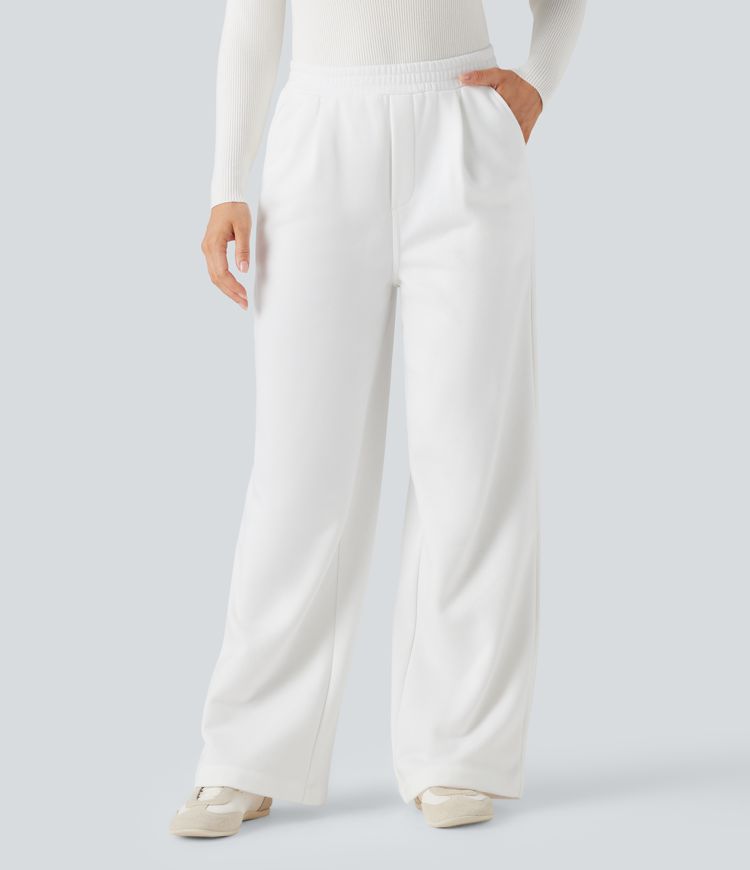 High Waisted Straight Leg Fleece Work Pants with Pockets