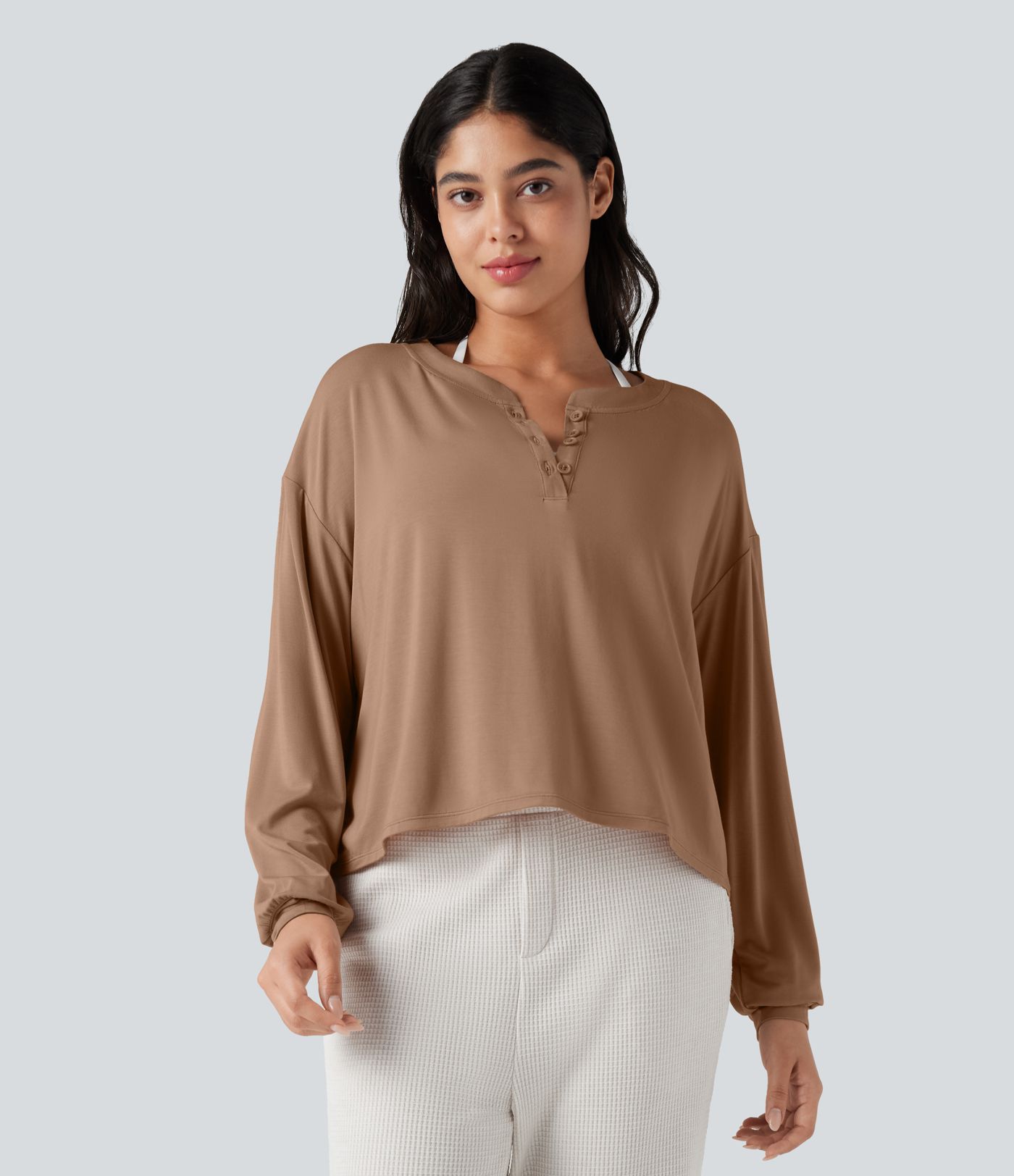 Henley Long Sleeve Thumb Holes Relaxed Lounge Top