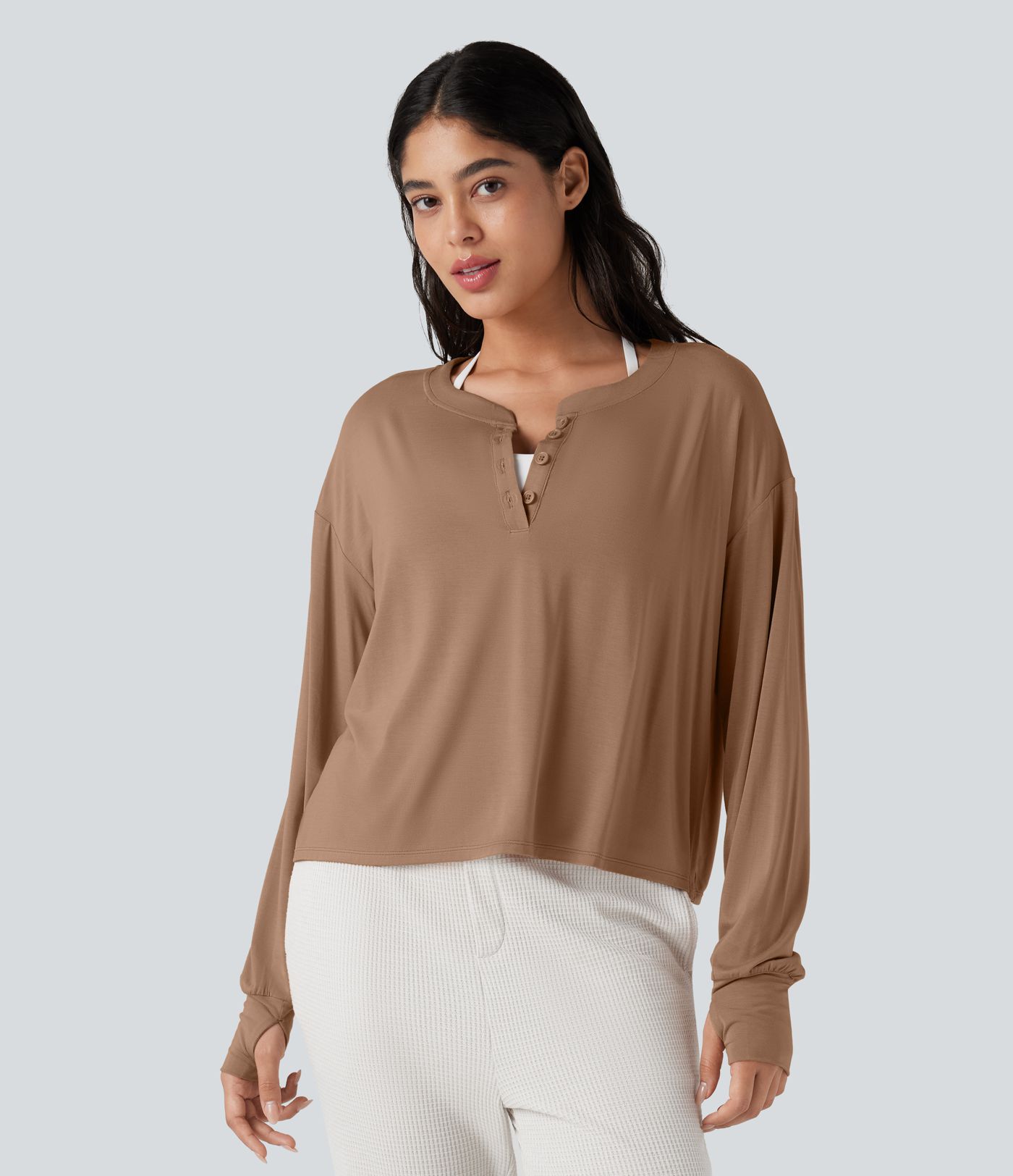 Henley Long Sleeve Thumb Holes Relaxed Lounge Top