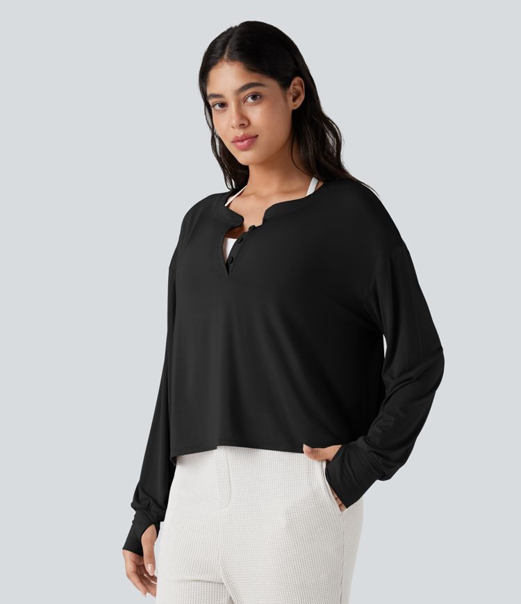 Henley Long Sleeve Thumb Holes Relaxed Lounge Top