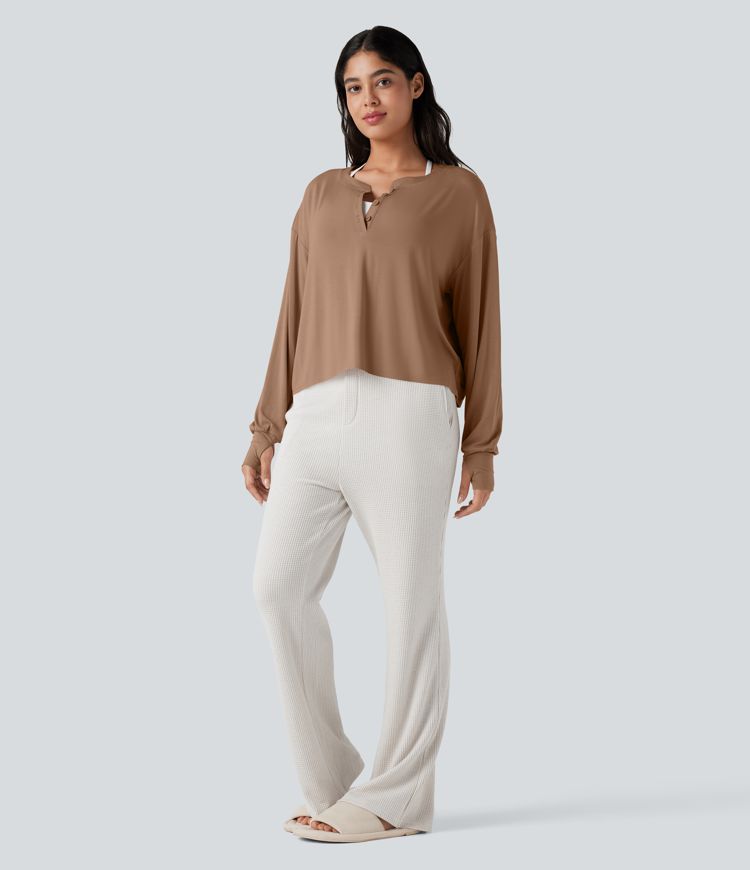 Henley Long Sleeve Thumb Holes Relaxed Lounge Top
