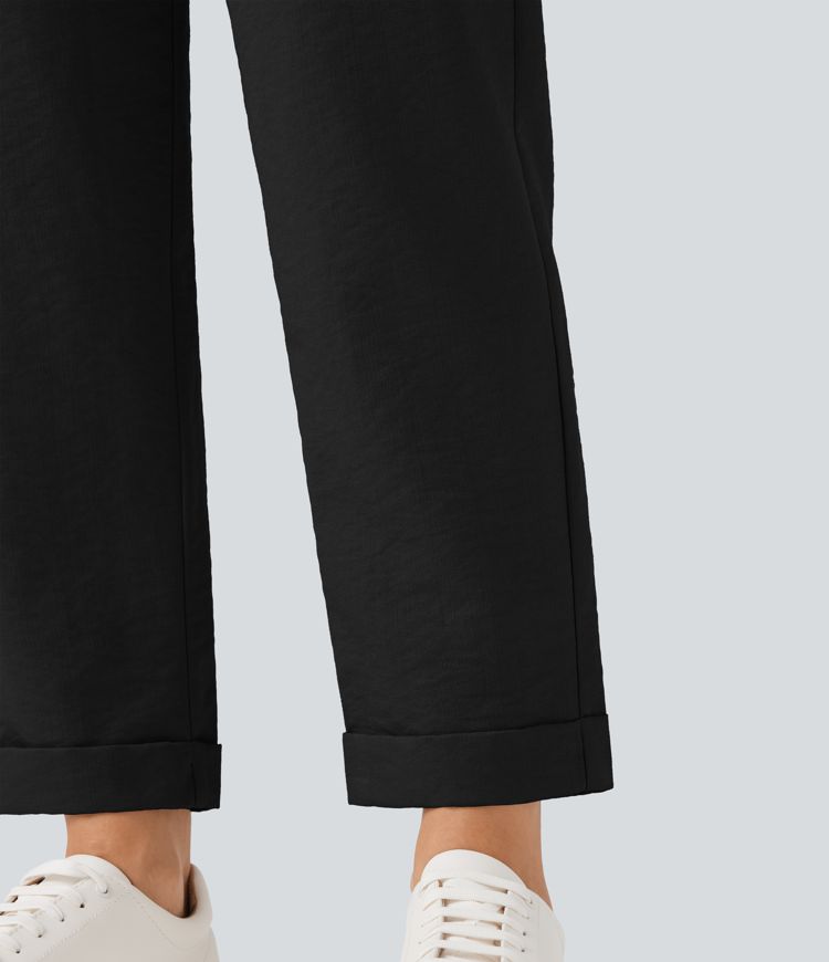 Lightweight Wrinkle-Resistant High Waisted Drawstring Tapered Casual Linen-Feel Pants with Pockets