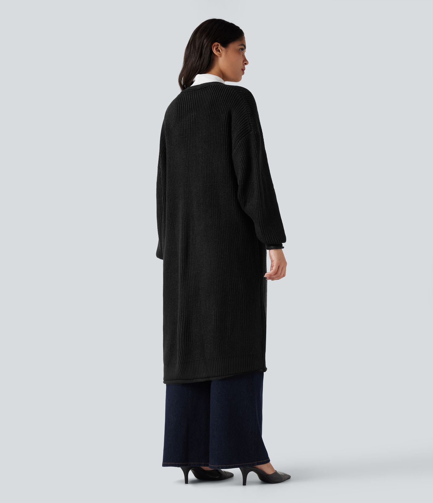 Cardigan de travail tricot ouvert manches longues coupe longue