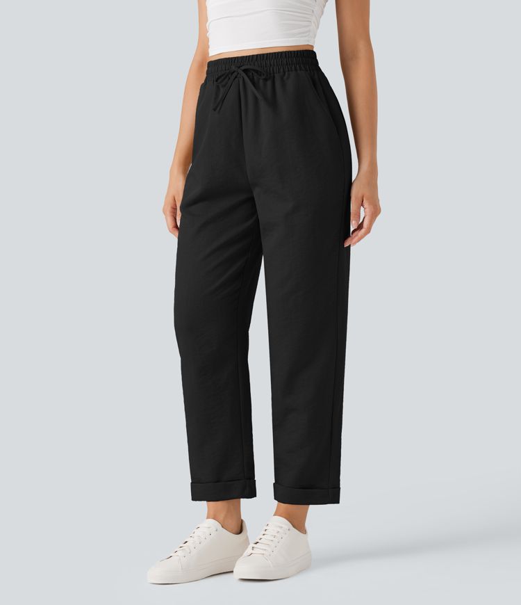Lightweight Wrinkle-Resistant High Waisted Drawstring Tapered Casual Linen-Feel Pants with Pockets