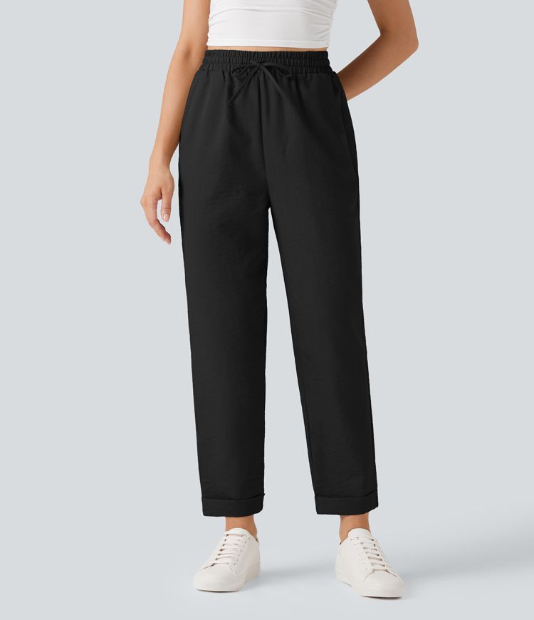 Lightweight Wrinkle-Resistant High Waisted Drawstring Tapered Casual Linen-Feel Pants with Pockets