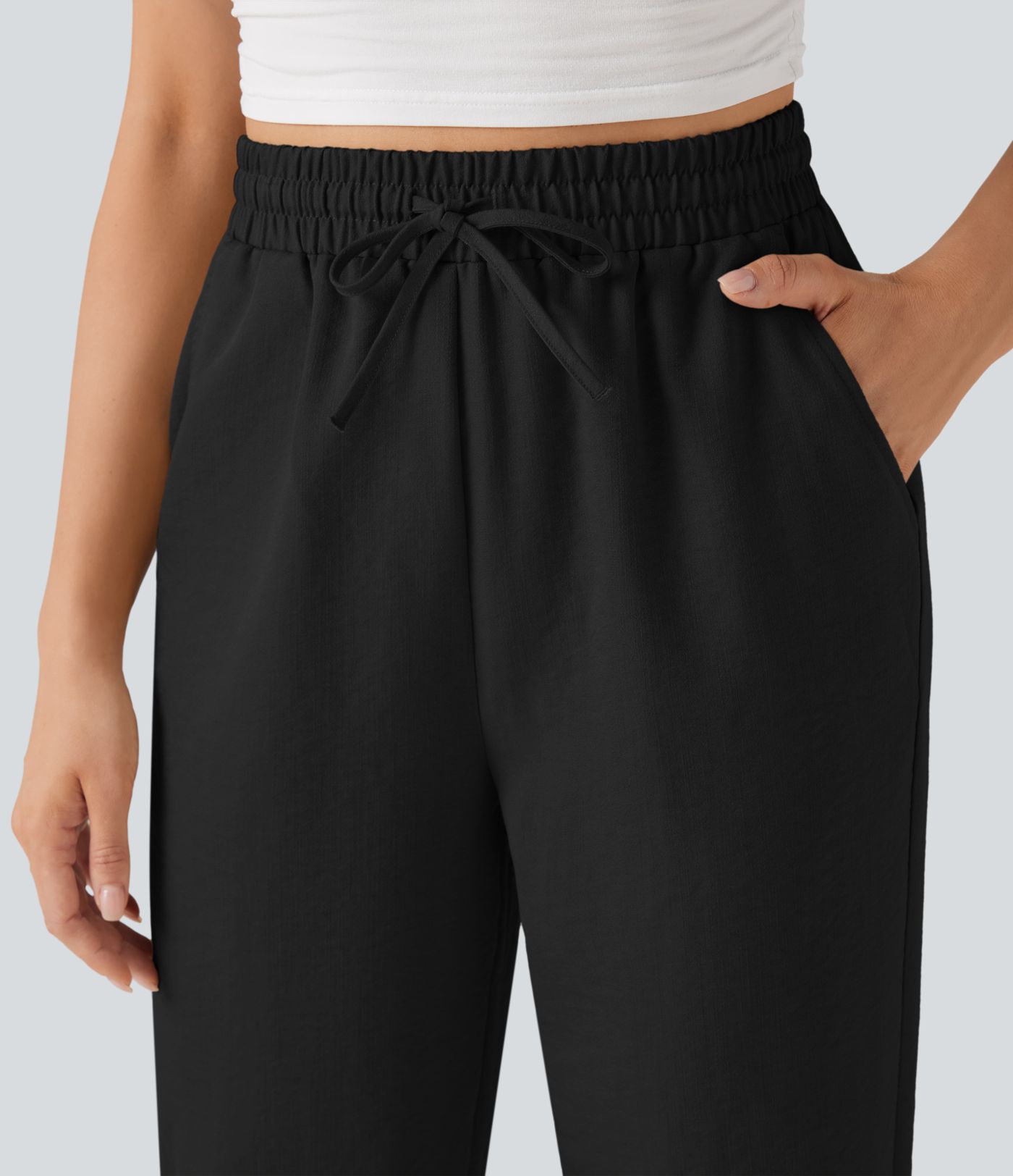 Lightweight Wrinkle-Resistant High Waisted Drawstring Tapered Casual Linen-Feel Pants with Pockets