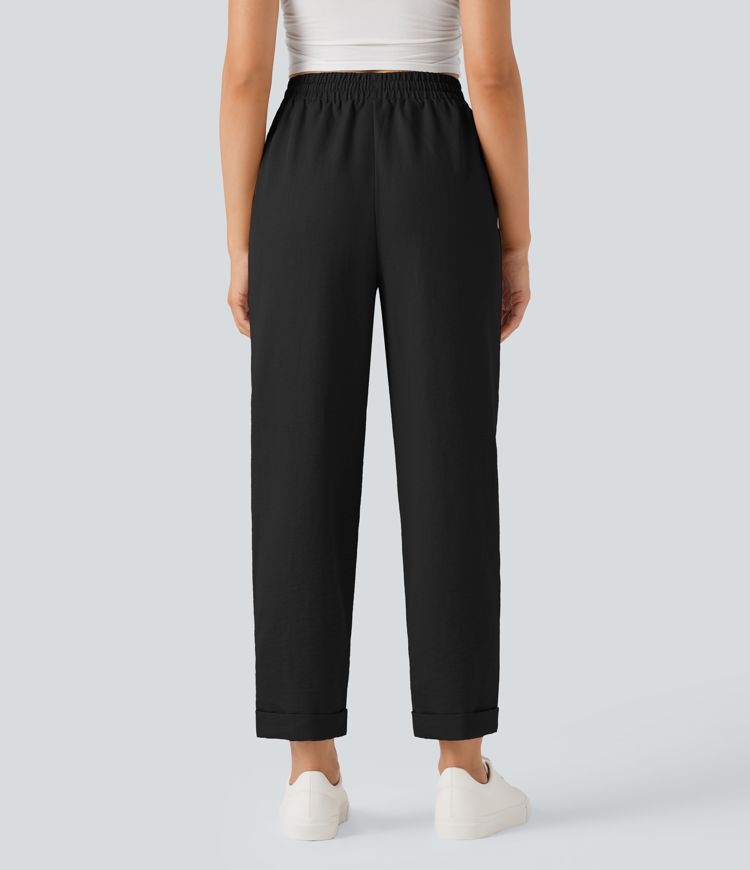 Lightweight Wrinkle-Resistant High Waisted Drawstring Tapered Casual Linen-Feel Pants with Pockets
