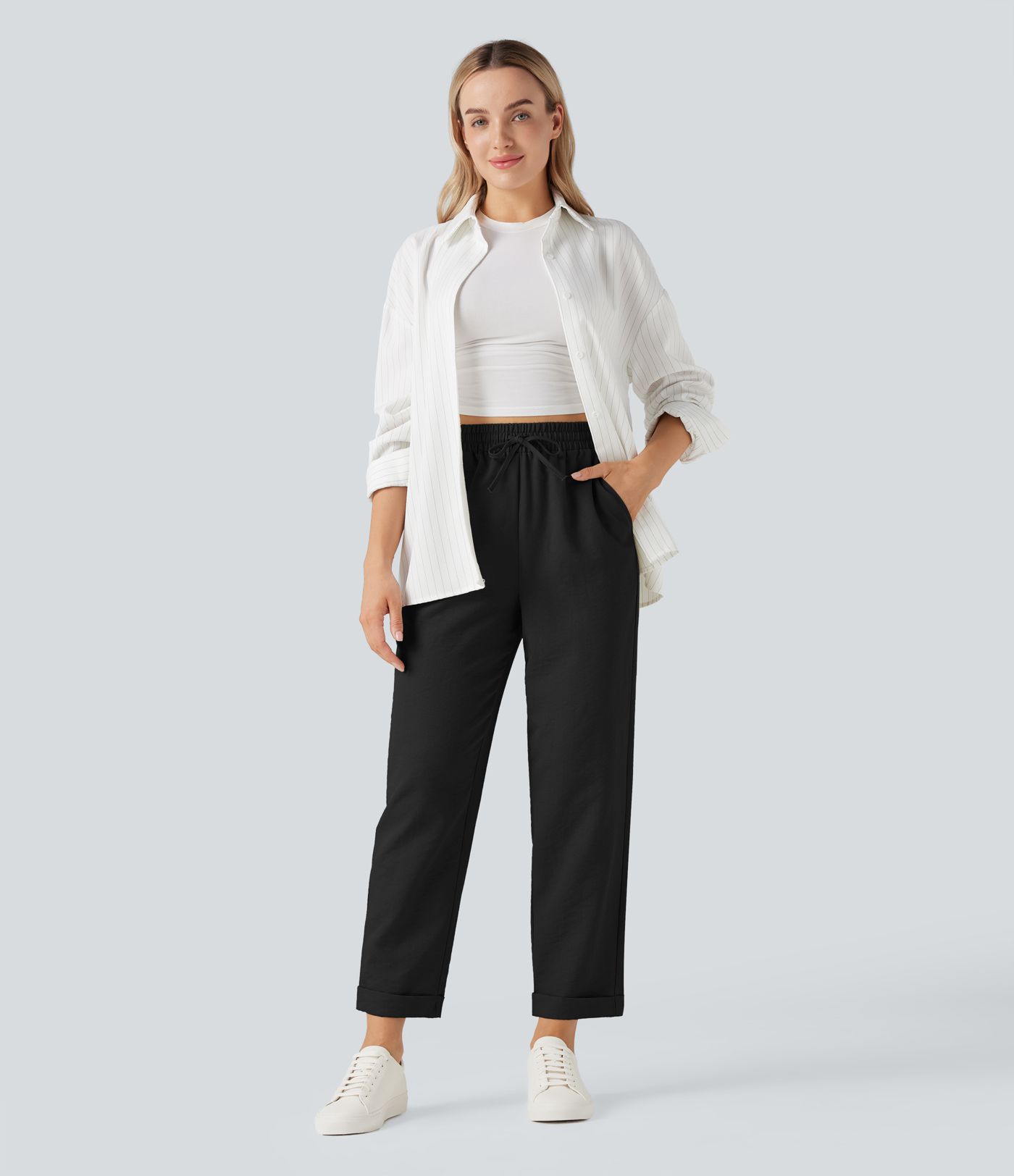 Lightweight Wrinkle-Resistant High Waisted Drawstring Tapered Casual Linen-Feel Pants with Pockets