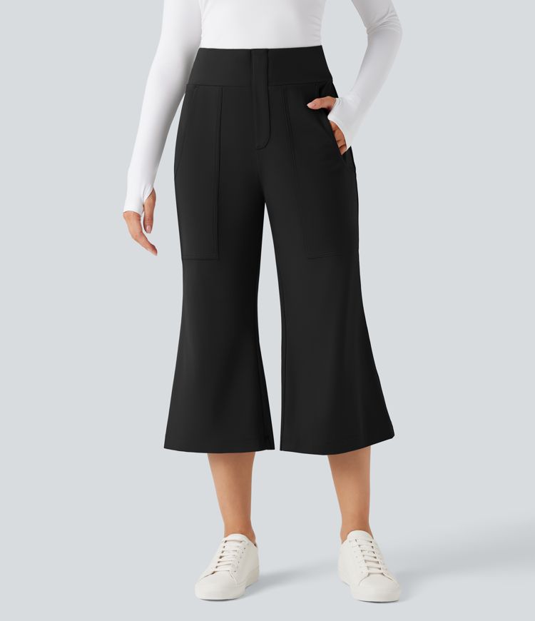 High Waisted Flare Cropped Casual Pants with Pockets