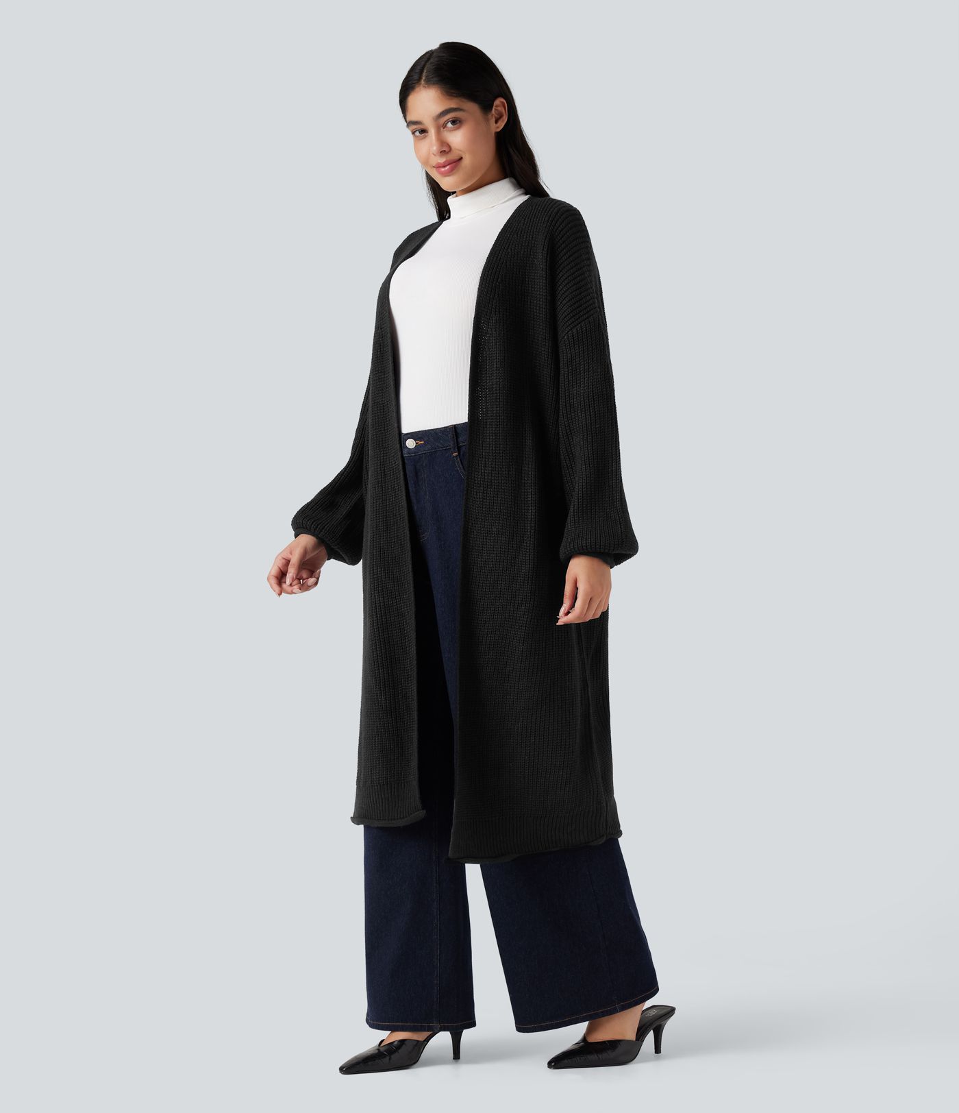 Cardigan de travail tricot ouvert manches longues coupe longue