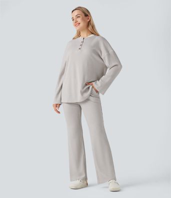 High Waisted Flare Waffle Casual Pants with Pockets