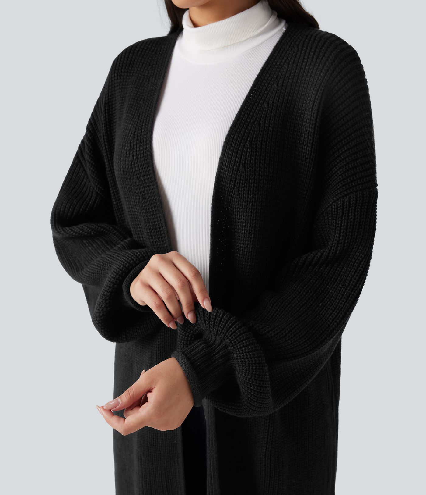 Cardigan de travail tricot ouvert manches longues coupe longue