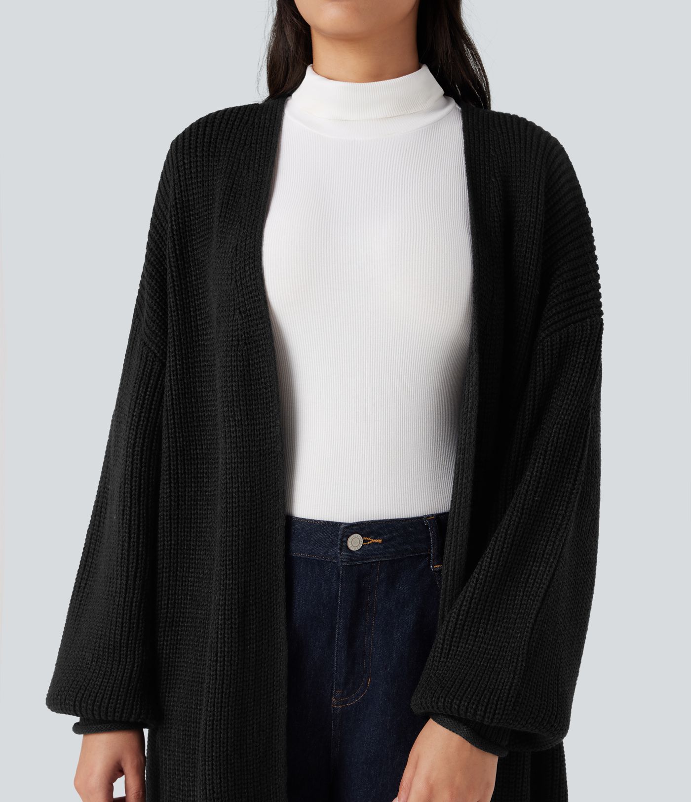 Cardigan de travail tricot ouvert manches longues coupe longue