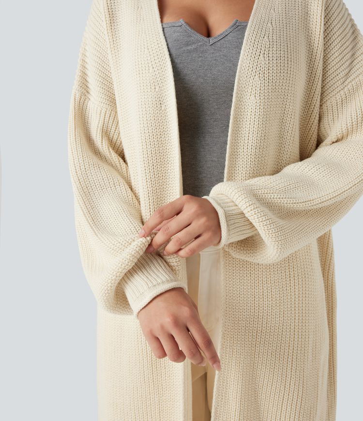 Cárdigan de trabajo largo de punto, manga larga y abertura frontal