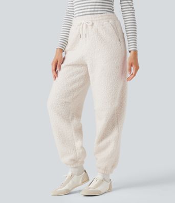 Lässige Teddy-Jogginghose mit mittelhohem Bund, mehreren Taschen und Kordelzug