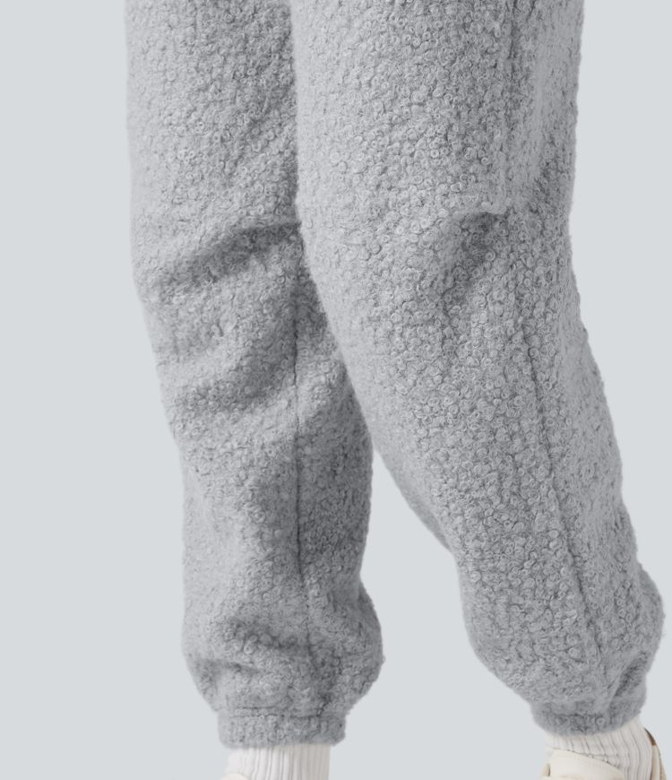 Mid Rise Drawstring Casual Teddy Joggers with Pockets