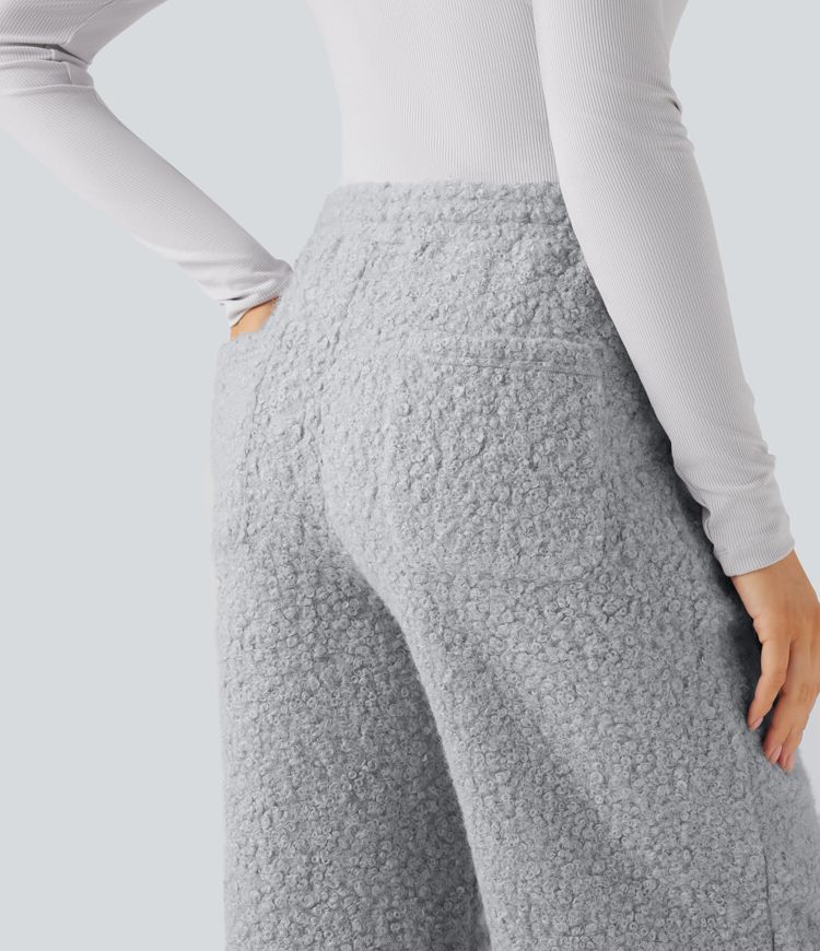 Mid Rise Drawstring Casual Teddy Joggers with Pockets