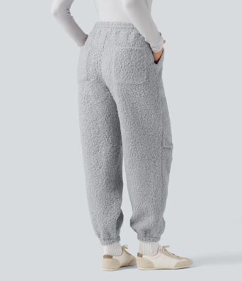 Mid Rise Drawstring Casual Teddy Joggers with Pockets
