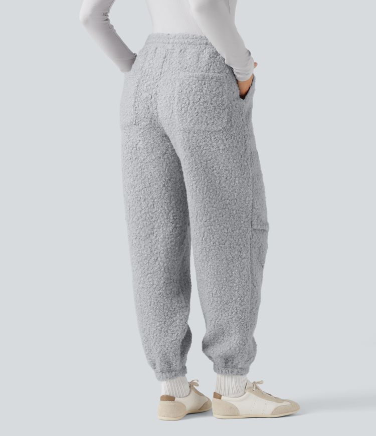 Mid Rise Drawstring Casual Teddy Joggers with Pockets