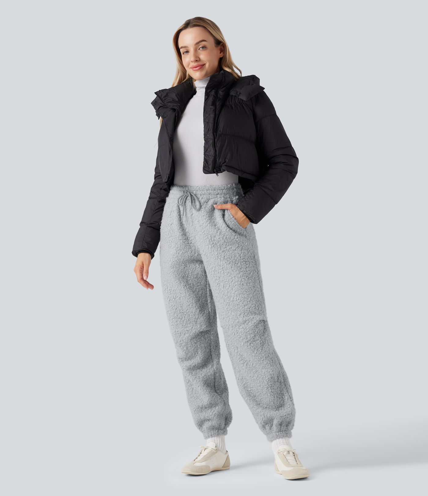 Mid Rise Drawstring Casual Teddy Joggers with Pockets