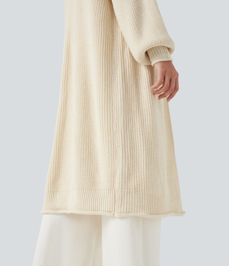 Cárdigan de trabajo largo de punto, manga larga y abertura frontal