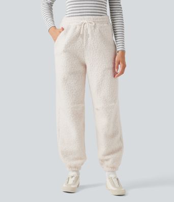Joggers casual de teddy de talle medio con cordón y bolsillos Joggers casual de teddy de talle medio con cordón y bolsillos