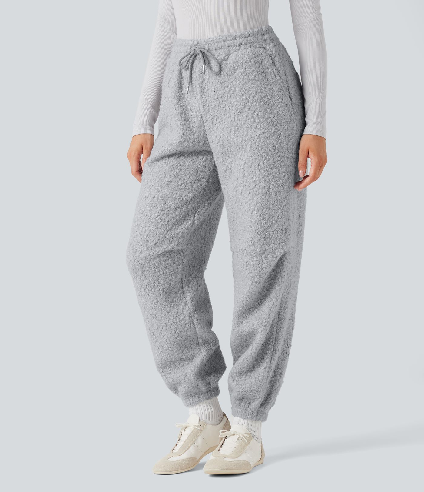 Mid Rise Drawstring Casual Teddy Joggers with Pockets