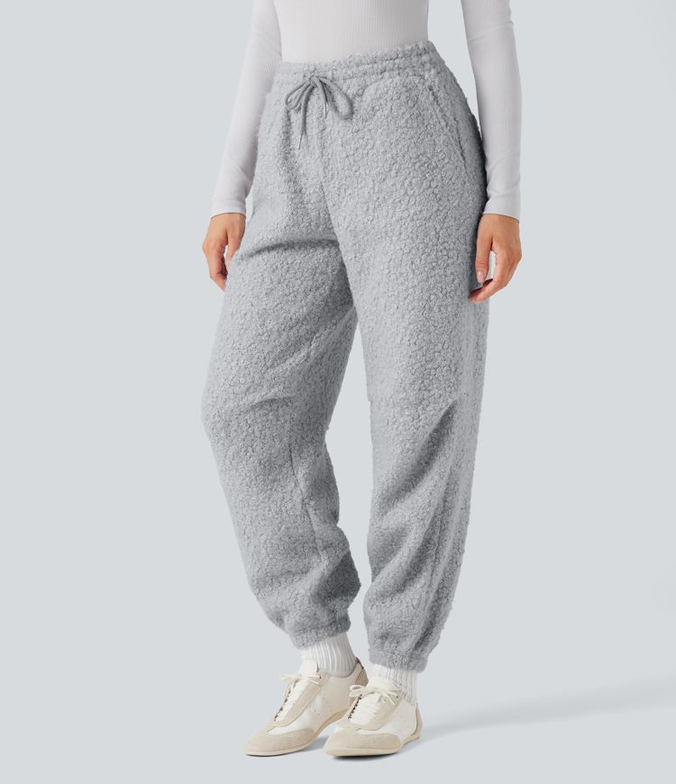 Mid Rise Drawstring Casual Teddy Joggers with Pockets