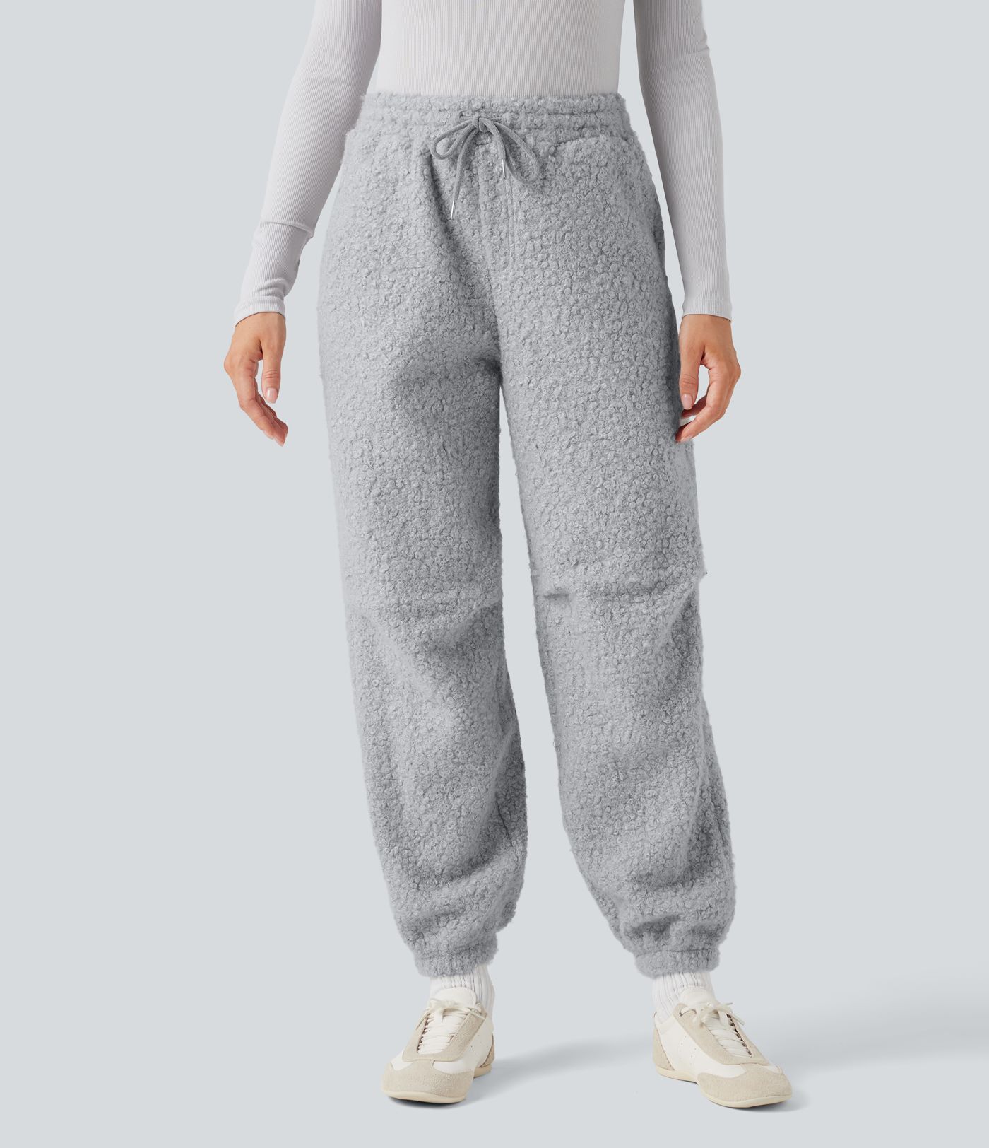 Mid Rise Drawstring Casual Teddy Joggers with Pockets
