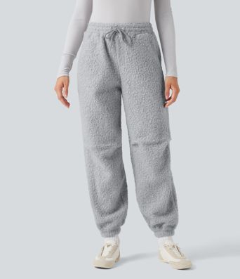 Mid Rise Drawstring Casual Teddy Joggers with Pockets