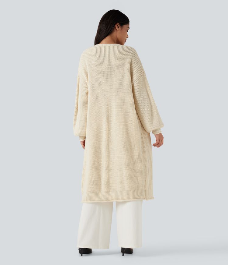 Cárdigan de trabajo largo de punto, manga larga y abertura frontal