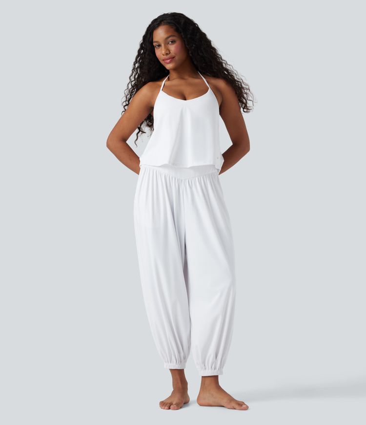 Jumpsuit de yoga SoftlyZero™ Airy Halter sin mangas de tacto fresco con bolsillos y fácil de llevar - UPF 50+