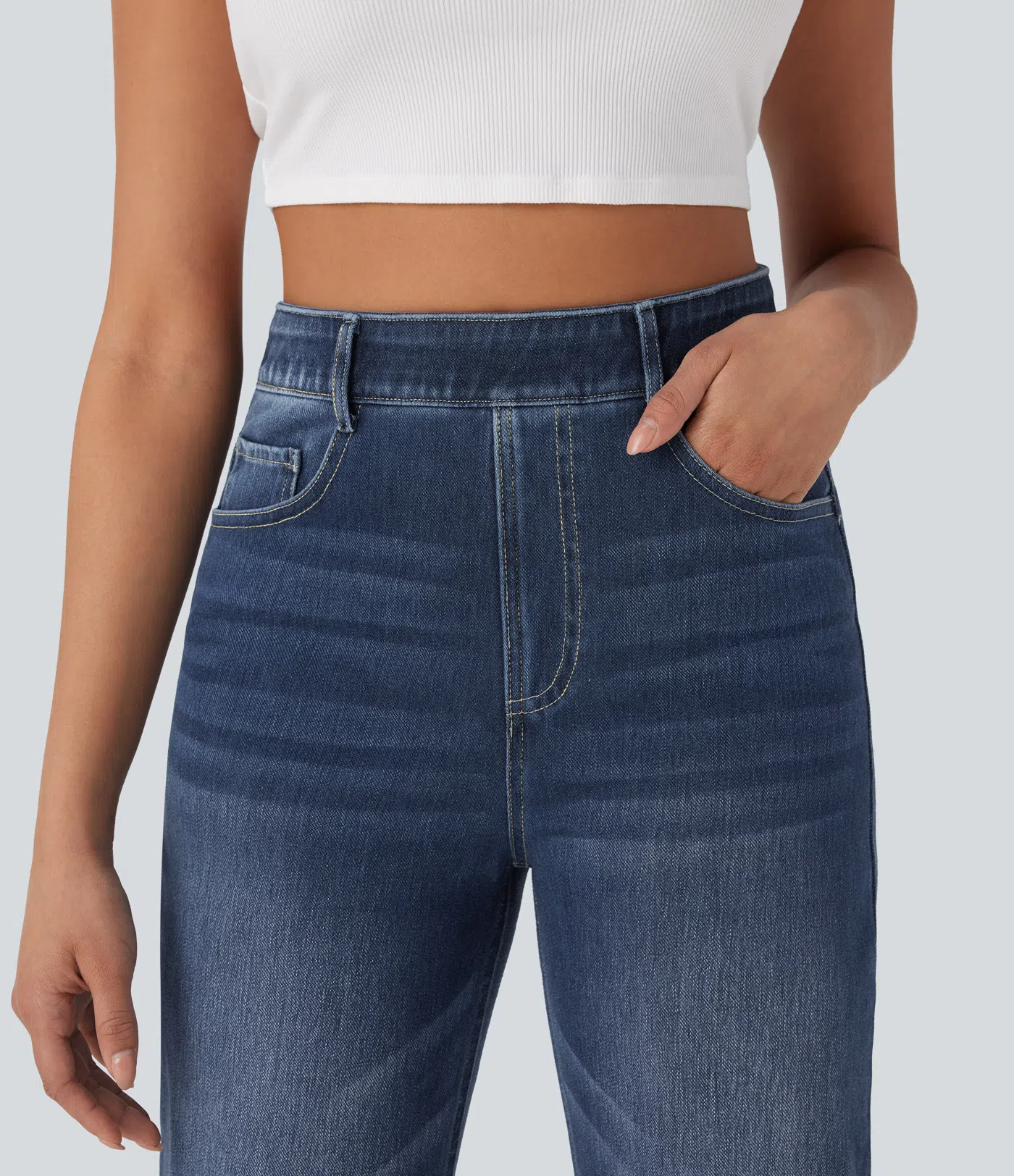 Halara Flex™ High Waisted Tummy Control Multiple Pockets Straight Leg Washed Stretchy Knit Casual Jeans